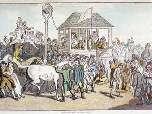 Pesaje y lavado antes de una carrera de caballos (finales del siglo XIX)