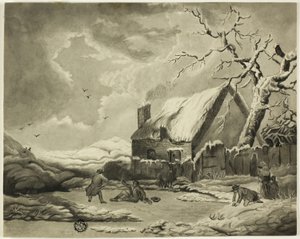 Escena de invierno con personas fuera de una cabaña cerca de un estanque de Unknown artist