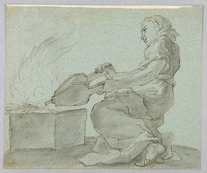 Mujer con fuelle encendiendo fuego