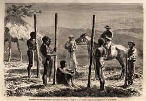 Trabajadores de las Nuevas Hébridas (o desde 1980, la República de Vanuatu, un archipiélago melanesio en el norte de Nueva Caledonia), construyendo una casa, que el autor encuentra durante una excursión a caballo. Grabado para ilustrar el viaje a Nueva Cal