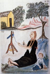 Joven india hilando lana, del libro "Trujillo del Perú" o "Códice Martínez Compañón", por Baltazar Martínez Compañón y Bujanda, obispo de Trujillo (1782-1785)