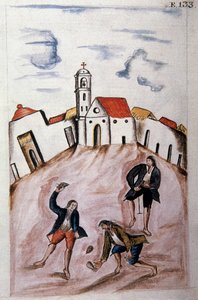Jóvenes indios jugando con un trompo, del libro "Trujillo del Perú" o "Códice Martínez Compañón", por Baltazar Martínez Compañón y Bujanda, obispo de Trujillo (1782-1785)