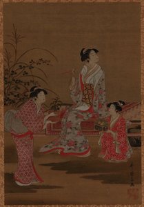 Joven mujer, con dos asistentes, sentada en un jardín de Unknown artist