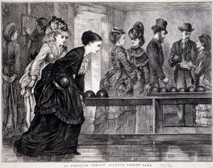 Jóvenes mujeres jugando a los bolos, en los Estados Unidos, circa 1870 - grabado