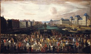 el Pont-Neuf, visto desde la entrada de la plaza Dauphine, el Quai Malaquais con el Collège des Quatre-Nations en construcción, la Grande Galerie y el Louvre, hacia 1665. Paso de una procesión por el puente, entre 1665 y 1669 (óleo sobre lienzo) de Unknown artist