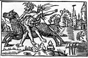 El diablo se lleva a una bruja de un caballo y la lleva al infierno. Xilografía del siglo XVI