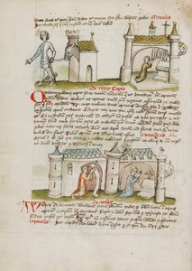 Un hombre con espada y espuelas guía a un burro desde su casa mientras un hombre reza en una iglesia cercana; dos personas rezan en una iglesia de Unknown artist/maker