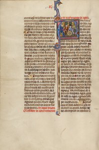 Inicial A: Un juez y dos hombres señalando un acueducto y una rueda de molino de Unknown artist/maker