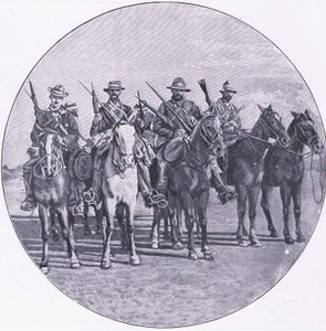 Bóers armados con rifles y paraguas, de Después de Pretoria: La Guerra de Guerrillas publicada por Harmsworth Bros Limited de Unknown photographer