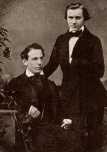 Johannes Brahms (1833-1897) compositor alemán, de pie, con el violinista húngaro refugiado Eduard Remenyi (1828-1898), con el que realizó una gira (semitono de una fotografía). de Unknown photographer
