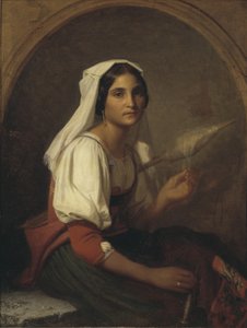 Una mujer italiana hilando lino