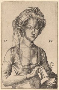 Figura de busto de una virgen necia sosteniendo su lámpara invertida de Urs Graf I after Martin Schongauer