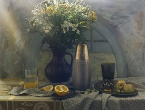 Flores silvestres y fruta fresca