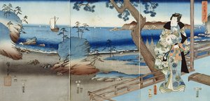 El Príncipe Genji observando en la Playa de Suma de Utagawa  Hiroshige and Kunisada