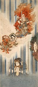 Actores Ichikawa Danjuro VII como Mongaku y Matsumoto Koshiro V como Fudo-myoo (arriba) de Utagawa Kunisada