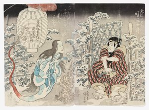 Seki Sanjūrō II como Kamiya Niemon y Onoe Kikugorō III de Kamigata (Kudari) como el Fantasma de la Linterna, Aplaudido en las Tres Ciudades (Sanganotsu gohyōban no chōchin no yūrei).
