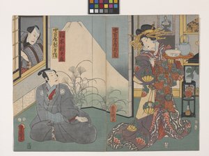 Tamagiku de los Nakamanjiya, Inaki Shinnoj? y Nakamanjiya Yahei (Mirando por la ventana) (xilografía en color)