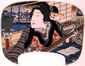 Invierno, estanque Shinobazu; una geisha practicando una balada, diseño para un abanico de un conjunto de cuatro que ilustran las estaciones de Utagawa Kunisada