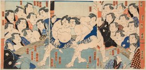 Combate de sumo entre Wahigayama y Jimmaru de Utagawa Kunisada