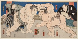Combate de los luchadores de sumo Koyanagi y Kuroiwa de Utagawa Kunisada