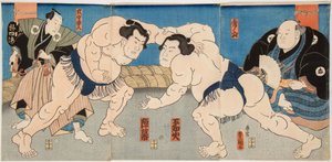 Combate de los luchadores de sumo Shiranui y Jimmaku de Utagawa Kunisada