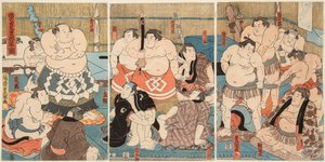 Combate de los luchadores de sumo Shitaky Beya y Hidenoyama de Utagawa Kunisada