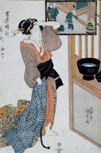 Hora del tigre, séptima hora de la mañana, ca 1818, xilografía de arte Ukiyo-e por Utagawa Kunisada de Las doce horas en Yoshiwara, xilografía Oban-tate-e, civilización japonesa