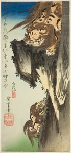 Un león entrenando a un cachorro de Utagawa Hiroshige