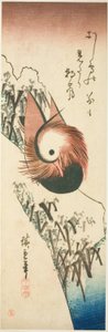 Un pato mandarín en una orilla nevada de Utagawa Hiroshige