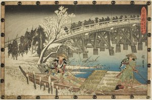 Acto 11, Parte 1: El acercamiento al ataque nocturno (Juichidanme ichi, yochi oshiyose), de la serie "La venganza de los leales vasallos (Chushingura)" de Utagawa Hiroshige