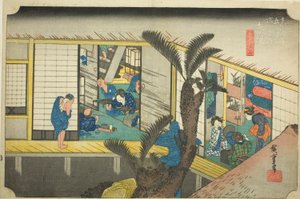 Akasaka: Meseras en una posada (Akasaka, ryosha shofu no zu), de la serie "Cincuenta y tres estaciones del Tokaido (Tokaido gojusan tsugi no uchi)", también conocida como el Tokaido de Hoeido de Utagawa Hiroshige