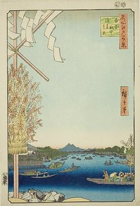 Río Asakusa, gran ribera, río Miyato (Asakusagawa Okawabata Miyatogawa), nº 60 de la serie "Cien vistas famosas de Edo (Meisho Edo hyakkei)". de Utagawa Hiroshige