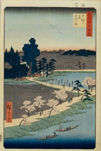 Santuario Azuma no mori y el alcanfor entrelazado Cien vistas famosas de Edo, 1856-1858 de Utagawa Hiroshige