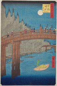 Patios de bambú y puente Kyo (Kyobashi Takegashi), nº 76 de la serie "Cien vistas famosas de Edo (Meisho Edo hyakkei)". de Utagawa Hiroshige