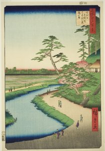 Cabaña de Basho en la colina de la camelia junto al acueducto de Sekiguchi (Sekiguchi josui-bata Bashoan Tsubakiyama), de la serie "Cien vistas famosas de Edo (Meisho Edo hyakkei)".