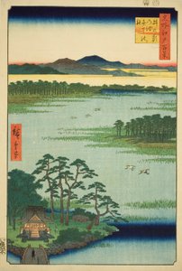 Santuario de Benten y estanque Inokashira (Inokashira no ike Benten no yashiro), de la serie "Cien vistas famosas de Edo (Meisho Edo hyakkei)" de Utagawa Hiroshige