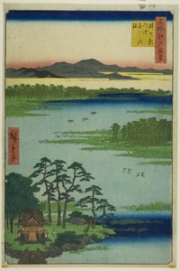 Santuario de Benten y estanque de Inokashira (Inokashira no ike Benten no yashiro), de la serie "Cien vistas famosas de Edo (Meisho Edo hyakkei)" de Utagawa Hiroshige