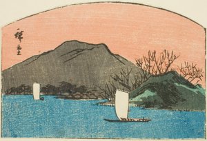 Barcos en el lago, sección de una impresión harimaze sin título de Utagawa Hiroshige