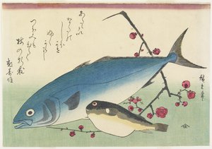 Bonito, pez globo y una rama de ciruelo en flor, c. 1840