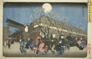 Cerezos en flor por la noche en Nakanocho en Yoshiwara (Yoshiwara Nakanocho yozakura), de la serie "Lugares famosos de la capital oriental (Toto meisho)" de Utagawa Hiroshige