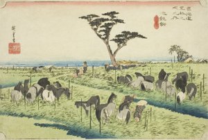 Chiryu: Mercado de caballos de principios de verano, de la serie "Cincuenta y tres estaciones del Tokaido," también conocida como el Hoeido Tokaido de Utagawa Hiroshige