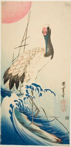 Grulla, olas y sol naciente de Utagawa Hiroshige
