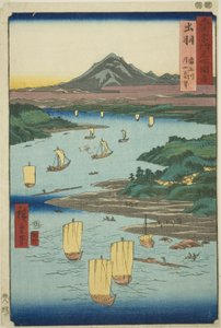 Provincia de Dewa: Río Mogami y vista distante del Monte Gassan (Dewa, Mogamigawa, Gassan enbo), de la serie "Lugares famosos en las sesenta y tantas provincias (Rokujuyoshu meisho zue)" de Utagawa Hiroshige