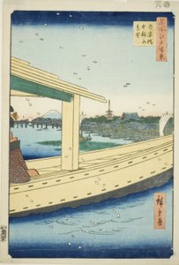 Vista lejana del puente Azuma y el templo Kinryuzan (Azumabashi Kinryuzan enbo), de la serie "Cien vistas famosas de Edo (Meisho Edo hyakkei)" de Utagawa Hiroshige