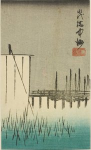 Puente Eitai, Nakasu y Mitsumata (Eitaibashi Nakasu Mitsumata), sección de una hoja de la serie "Recortes de lugares famosos en Edo (Harimaze Koto meisho)"