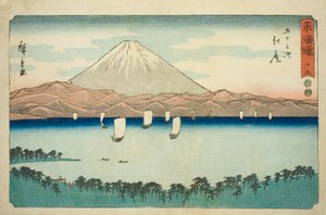 Ejiri—No. 19, de la serie "Cincuenta y tres estaciones del Tokaido (Tokaido gojusan tsugi)," también conocida como el Reisho Tokaido de Utagawa Hiroshige