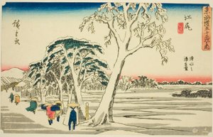 Ejiri: Vista Distante del Puerto de Shimizu en Clima Despejado después de la Nevada, de la serie "Cincuenta y Tres Estaciones del Tokaido" de Utagawa Hiroshige