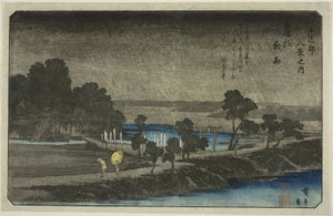 Lluvia vespertina en el Santuario Azuma (Azuma no mori yau), de la serie "Ocho vistas en los alrededores de Edo (Edo Kinko hakkei no uchi)" de Utagawa Hiroshige