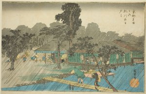 Lluvia vespertina en la orilla del río Tadasu (Tadasugawara no yudachi), de la serie "Lugares famosos en Kioto (Kyoto meisho no uchi)" de Utagawa Hiroshige