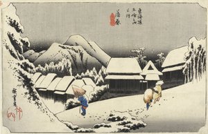Nieve vespertina en Kambara, No.16 de Las 53 estaciones del Tokaido, pub. por Hoeido, 1833 de Utagawa Hiroshige